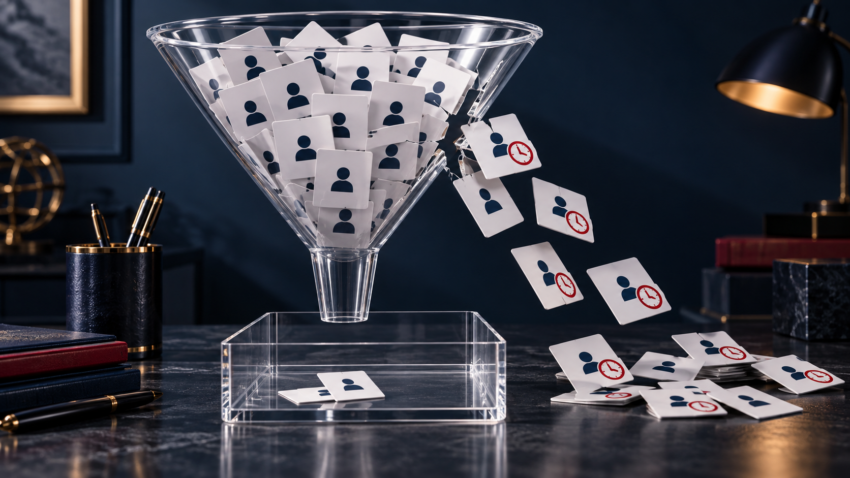 Blank contact cards leaking from a cracked funnel while a red channel carries a few toward an open door