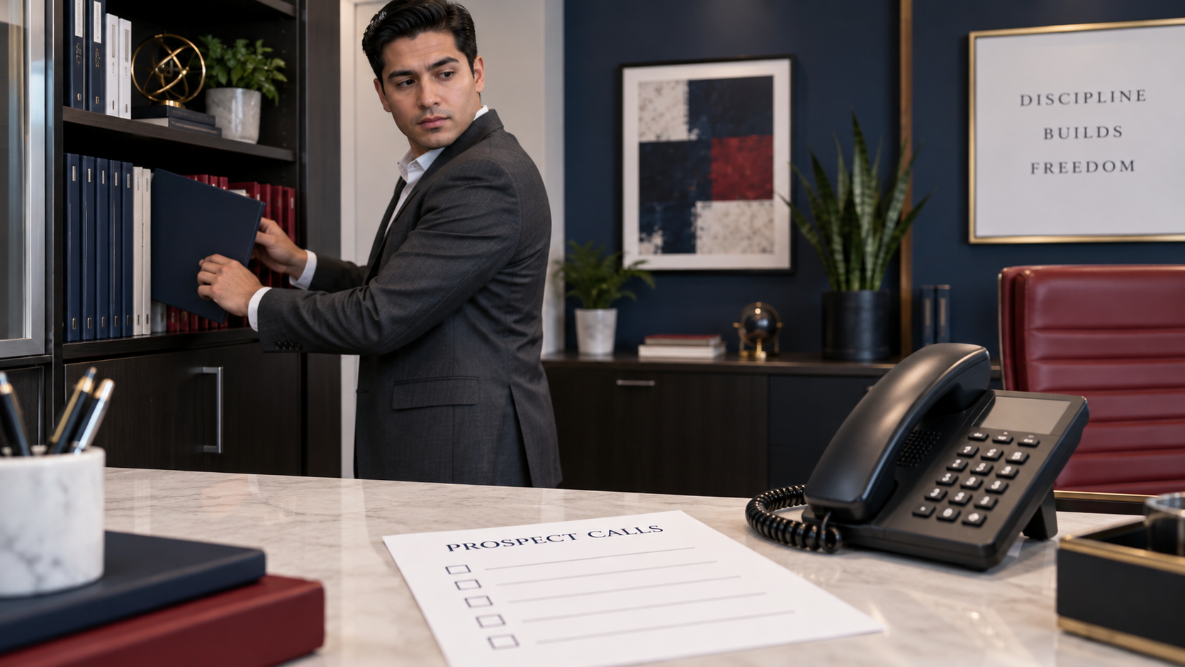A direct path to a red telephone surrounded by looping paths of office busywork